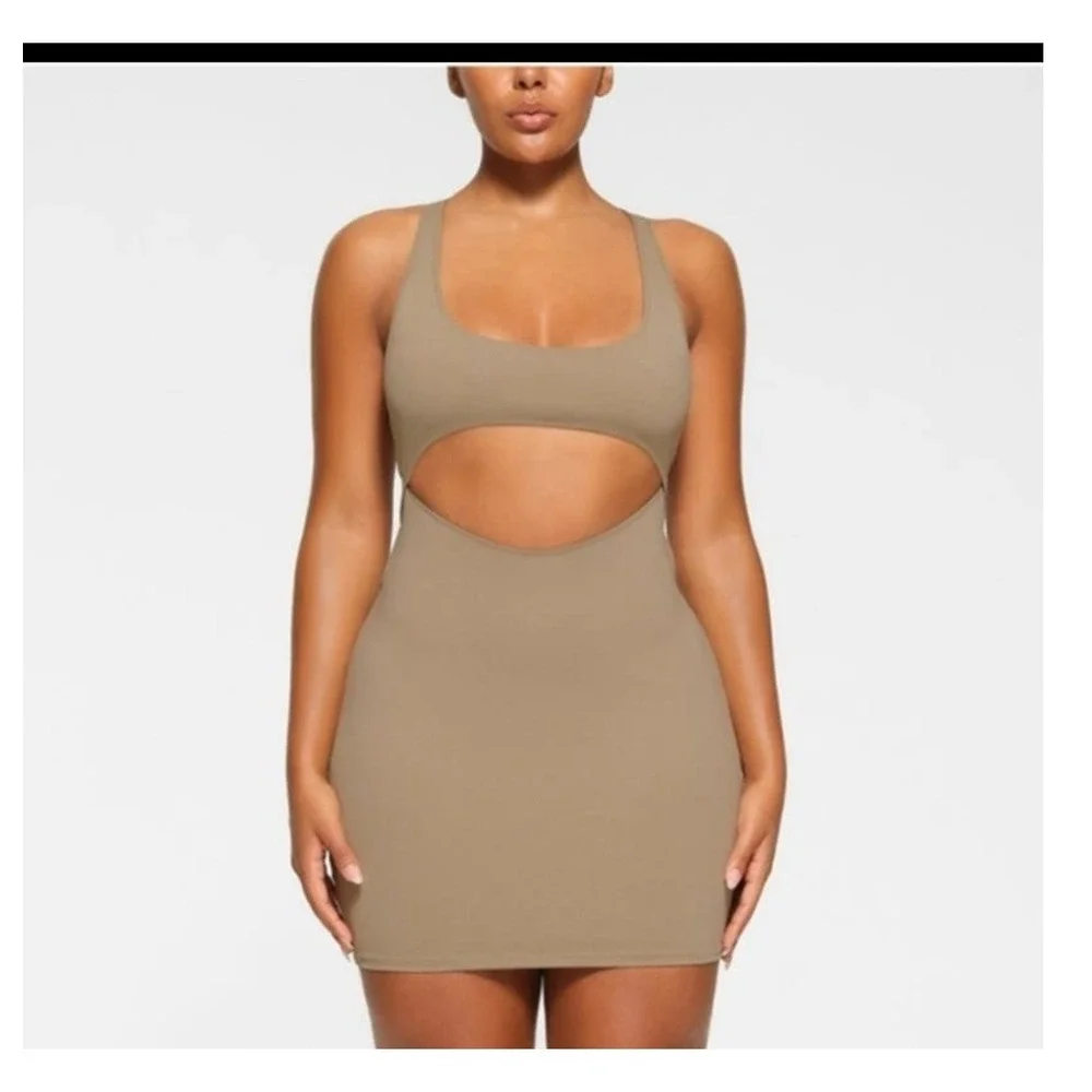 SKIMS‎ Recycled Swim Cut Out Tank Dress Cocoa Brown Mini Dress 4X